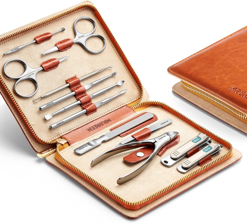Premium MR.GREEN 12-in-1 stainless steel manicure and pedicure grooming kit with leather case